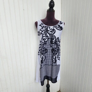 Valery Bacci Shift Swing Tank Dress Women's Black White Geo Floral Sleeveless L